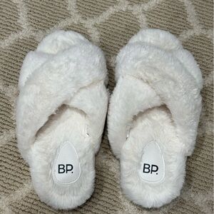BP White Fuzzy Slippers